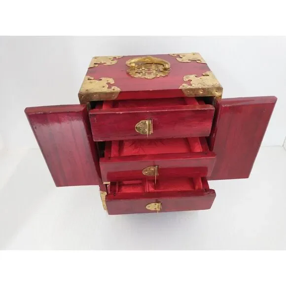 Vintage Chinese Rosewood Jewelry Box Ornate Brass Jade Inlay